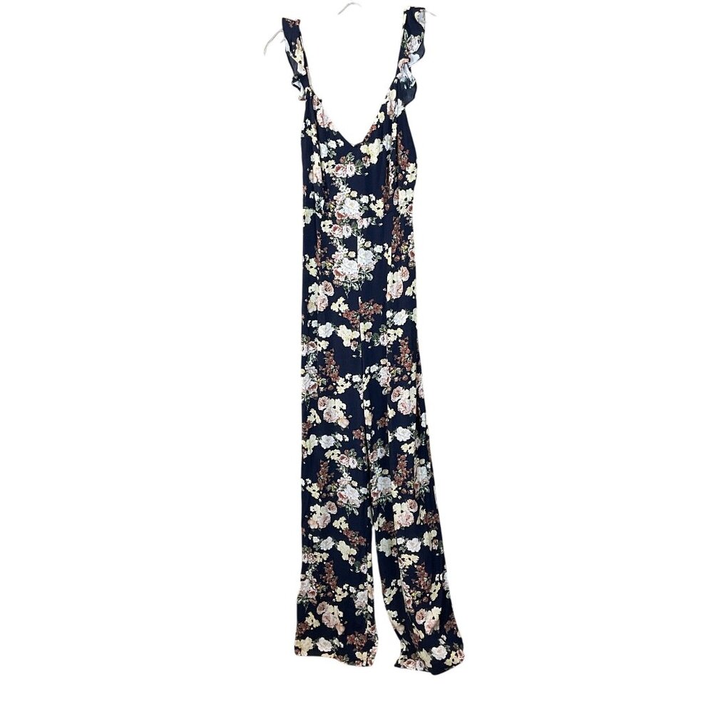 Zara Woman Floral Jumpsuit Ruffle Shoulder Tie Back Wide Leg Med NWT